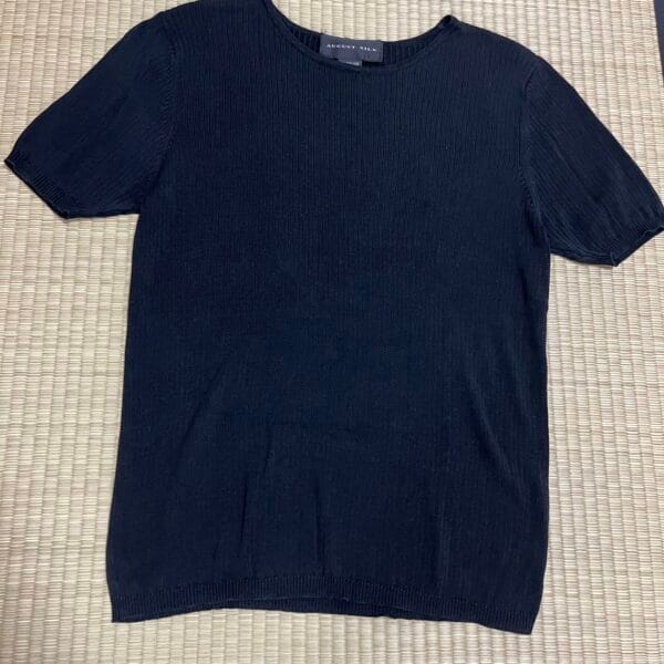 August Silk 100% Silk Ribbed Short-Sleeve Sweater Tee Black L