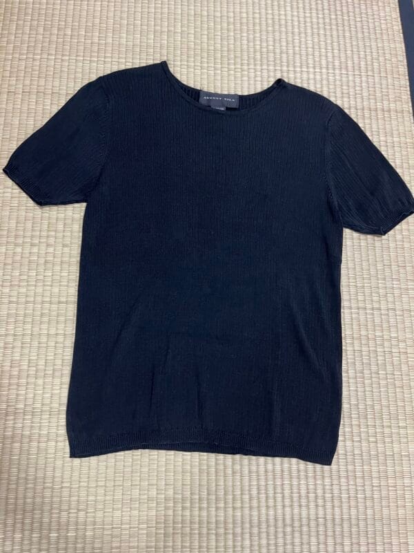 August Silk 100% Silk Ribbed Short-Sleeve Sweater Tee Black L